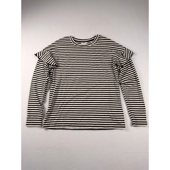 H&M Tops - H&M Womens Black White Striped Ruffle Shoulder Long Sleeve Ribbed Top Medium